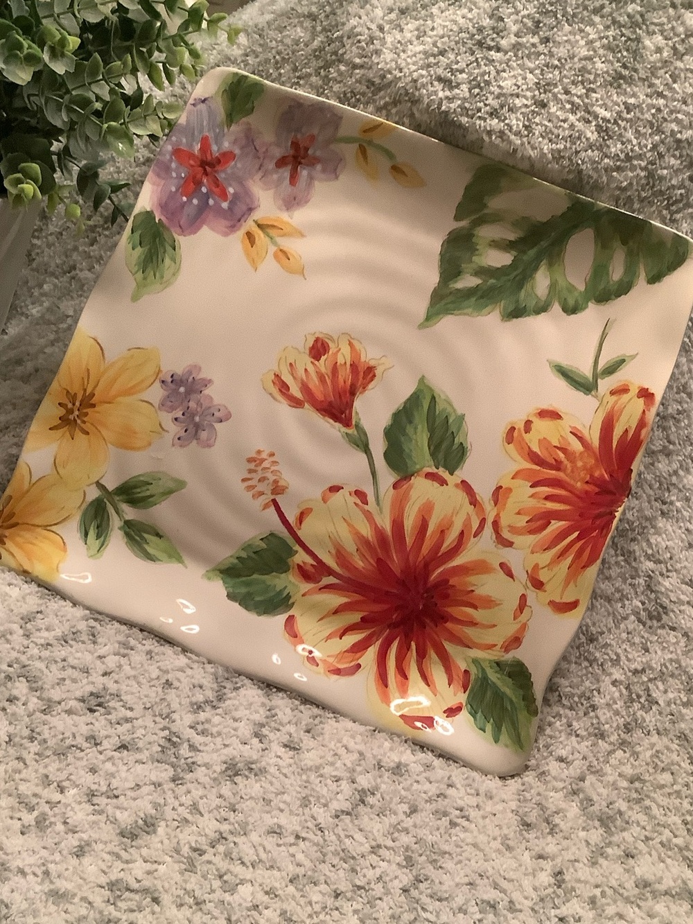 Tropical Square Ceramic Serve Platter, Resale, Tropic Bright 11.25x11.25”x1”.